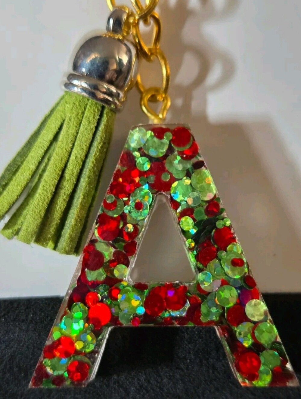 Green and Red A Initial Tassel Resin Keychain Charm
